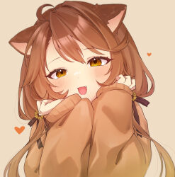 Rule 34 | 1girl, :d, ahoge, animal ears, blush, brown hair, brown sweater, commentary, fang, hands up, heart, highres, long hair, long sleeves, looking at viewer, open mouth, re:act, sawamaru 0528, shishigami leona, simple background, sleeves past wrists, smile, solo, sweater, upper body, virtual youtuber, yellow eyes