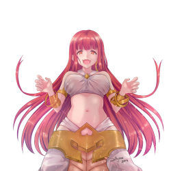 Rule 34 | 1girl, bangle, blunt bangs, blush, bracelet, bracer, commentary, cowboy shot, dated, dress, english commentary, fangs, francisca painemal, halterneck, isis (ragnarok online), jewelry, lamia, long hair, looking at viewer, midriff, monster girl, navel, open mouth, ragnarok masters, ragnarok online, red hair, signature, simple background, solo, tongue, white background, white dress