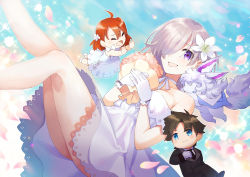 Rule 34 | 1girl, :d, absurdres, bouquet, breast press, breasts, character doll, choker, collarbone, dress, fate/grand order, fate (series), flower, fou (fate), fujimaru ritsuka (female), fujimaru ritsuka (female) (fgo orchestra), fujimaru ritsuka (male), fujimaru ritsuka (male) (fgo orchestra), hair between eyes, hair over one eye, highres, holding, holding bouquet, huge filesize, mash kyrielight, mash kyrielight (formal dress), medium breasts, off-shoulder dress, off shoulder, official alternate costume, open mouth, pink flower, purple eyes, ribbon, ribbon choker, sahara1127, short dress, short hair, short sleeves, silver hair, smile, solo, white dress, white ribbon