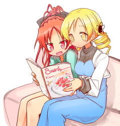 Rule 34 | 10s, 2girls, blonde hair, blue dress, book, bow, breasts, cake, couch, dress, drill hair, drooling, fashion, food, fruit, hair bow, large breasts, long hair, long sleeves, mahou shoujo madoka magica, mahou shoujo madoka magica (anime), maiku, multiple girls, open mouth, ponytail, red eyes, red hair, sakura kyoko, shirt, sitting, smile, strawberry, tomoe mami, twin drills, twintails, yellow eyes