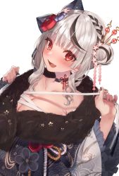 Rule 34 | 1girl, black hair, black nails, braid, breasts, choker, cleavage, fang, flower, french braid, frilled sleeves, frills, fur collar, hair bun, hair flower, hair ornament, hair stick, highres, hololive, japanese clothes, kimono, large breasts, long sleeves, looking at viewer, medium hair, multicolored hair, nail polish, oekakikei, off shoulder, official alternate costume, open mouth, red eyes, sakamata chloe, sakamata chloe (new year), sarashi, side braid, side bun, silver hair, single side bun, skin fang, smile, solo, streaked hair, virtual youtuber, wave print, white background, wide sleeves
