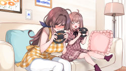 Rule 34 | 2girls, absurdres, age difference, ahoge, apron, bekotarou, blush, breasts, brown eyes, brown hair, checkered apron, checkered clothes, closed eyes, controller, couch, drawing (object), dress, embarrassed, feet, female focus, frilled pillow, frills, hands up, happy, highres, holding, holding controller, indoors, large breasts, legs, long hair, looking away, low ponytail, mankai kaika, mature female, medium hair, mother and daughter, multiple girls, nose blush, open mouth, original, pillow, playing games, sex toy, sitting, smile, socks, thighs, vibrator, vibrator under clothes