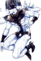 Rule 34 | 1boy, armband, boots, bulge, crown, extra arms, full body, gedoooo, jojo no kimyou na bouken, male focus, mask, monster boy, multi arm, multi face, multi limb, no humans, simple background, solo, stand (jojo), stone ocean, striped, whitesnake (stand)