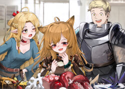 1boy 2girls :d ;d ahoge animal_ears arknights armor blonde_hair blue_dress blush braid breasts brown_hair brown_jacket ceobe_(arknights) choker cleavage collarbone commentary cuirass dress drooling dungeon_meshi elf food green_eyes infection_monitor_(arknights) jacket kari90909 laios_touden long_hair long_sleeves looking_at_food marcille_donato medium_breasts multiple_girls octopus_(food) one_eye_closed open_mouth pointy_ears red_choker red_eyes scoop_neck short_hair smile yellow_eyes