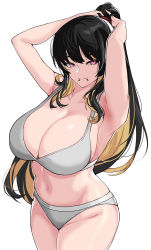 Rule 34 | 1girl, absurdres, adjusting hair, black hair, bra, breasts, chin piercing, cleavage, commentary, hella p, high ponytail, highres, huge breasts, long hair, looking at viewer, multicolored hair, orange hair, original, panties, piercing, pink eyes, ponytail, simple background, solo, symbol-only commentary, underwear, very long hair, white background, white bra, white panties