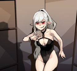 Rule 34 | 1girl, ?, bare shoulders, black one-piece swimsuit, bracelet, breasts, buckle, choker, cleavage, cleavage cutout, clothing cutout, earrings, gogalking, grey hair, highres, jewelry, long hair, looking at viewer, one-piece swimsuit, original, pale skin, pointing, ponytail, pov, red eyes, solo, speech bubble, sweatdrop, swimsuit, teeth, textless version, unbuckled, vampire (gogalking)