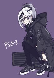 Rule 34 | alternate costume, alternate hairstyle, artist request, black thighhighs, character name, choker, english text, girls&#039; frontline, glasses, grey eyes, hair ribbon, highres, hood, hooded coat, hooded jacket, jacket, long jacket, looking at viewer, ponytail, psg-1 (girls&#039; frontline), purple background, ribbon, shoes, simple background, sitting, sneakers, solo, thighhighs, watch, weapon case, white hair, wristwatch