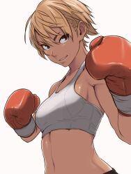 Rule 34 | 1girl, bare shoulders, boxing gloves, breasts, brown hair, collarbone, commentary request, grey background, grey eyes, hair between eyes, highres, looking at viewer, navel, original, parted lips, simple background, small breasts, solo, testes, thick eyebrows, upper body, v-shaped eyebrows