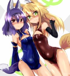 Rule 34 | 2girls, animal ears, arms behind back, asymmetrical docking, bare shoulders, black gloves, blonde hair, blue skirt, blush, breast press, breasts, brown eyes, china dress, chinese clothes, cleavage, cleavage cutout, clothing cutout, covered erect nipples, covered navel, cowboy shot, detached sleeves, dress, dutch angle, elbow gloves, embarrassed, fingerless gloves, fox ears, fox tail, full-face blush, gloves, green eyes, hair between eyes, hair ribbon, highres, kokonoe tsubaki, long hair, looking at viewer, multiple girls, nose blush, original, purple hair, red eyes, red skirt, ribbon, short dress, short hair, side slit, skirt, sleeves past wrists, small breasts, standing, tail, thigh gap, turtleneck, wavy mouth, yoshizawa tsubaki