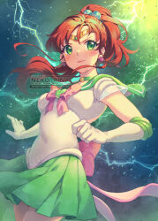 Rule 34 | 1girl, artist name, back bow, bishoujo senshi sailor moon, blush, bow, bowtie, breasts, brown hair, choker, clenched hand, closed mouth, commentary, cowboy shot, earrings, elbow gloves, english commentary, flower earrings, furrowed brow, gloves, green choker, green eyes, green sailor collar, green skirt, hair bobbles, hair ornament, jewelry, kino makoto, lightning, long hair, medium breasts, neko-rina, pink bow, pink bowtie, pleated skirt, ponytail, sailor collar, sailor jupiter, sailor senshi uniform, see-through, see-through sleeves, shirt, skirt, solo, star (symbol), star choker, tiara, white gloves, white shirt