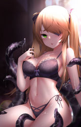 Rule 34 | 1girl, absurdres, backlighting, bare arms, bare shoulders, black bra, black panties, black ribbon, blonde hair, blush, bra, breasts, cleavage, collarbone, cum, cum in mouth, cum on body, cum on breasts, cum on fingers, cum on upper body, eyepatch, fischl (genshin impact), floral print, genshin impact, green eyes, hair ribbon, highres, lace, lace-trimmed bra, lace trim, large breasts, long hair, looking at viewer, nail polish, navel, one eye covered, open mouth, panties, print bra, purple nails, ribbon, side-tie panties, sitting, skindentation, solo, stomach, tentacles, two side up, underwear, underwear only, very long hair, xing jun