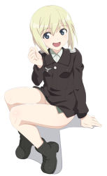 Rule 34 | 1girl, blonde hair, blue eyes, blush, breasts, erica hartmann, looking at viewer, military, military uniform, nanashino, open mouth, shadow, short hair, simple background, sitting, small breasts, smile, solo, strike witches, uniform, white background, world witches series