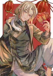 Rule 34 | 1boy, bishounen, blonde hair, blue eyes, border, chinese clothes, chinese new year, ear piercing, elbow on knee, facial mark, grey eyes, heterochromia, holding, hongbao, jewelry, kadeart, lantern, long hair, looking at viewer, male focus, mole, mole under eye, multiple piercings, new year, original, paper lantern, piercing, red background, ring, seductive smile, sidelocks, simple background, smile, snake, solo, traditional clothes, twitter username, white border