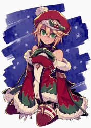 Rule 34 | 1girl, bare shoulders, blazblue, blonde hair, blush, bow, bowtie, christmas, closed mouth, detached sleeves, fur trim, gloves, green bow, green bowtie, green eyes, hair between eyes, hat, kneeling, looking at viewer, mako gai, night, night sky, noel vermillion, official alternate costume, red legwear, santa costume, seiza, short hair, simple background, sitting, sky, smile, solo, star (sky), white background, white gloves, wide sleeves