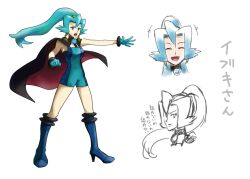 Rule 34 | 1girl, blue bodysuit, blue eyes, blue gloves, blue hair, bodysuit, boots, cape, choker, clair (pokemon), clenched hand, creatures (company), erushiza, game freak, gloves, high heel boots, high heels, multiple views, nintendo, open mouth, pokemon, pokemon hgss, ponytail, smile, v-shaped eyebrows