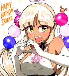 Rule 34 | &gt; &lt;, 1girl, bare shoulders, blonde hair, crab, dark-skinned female, dark skin, ddolbang, drooling, elbow gloves, english text, gloves, hair ornament, happy birthday, heart, heart hands, highres, hololive, hololive english, korean commentary, limiter (tsukumo sana), long hair, looking at viewer, open mouth, planet hair ornament, smile, sparkle background, tsukumo sana, tsukumo sana (1st costume), twintails, upper body, virtual youtuber, white gloves, yellow eyes