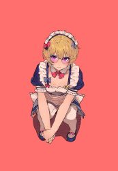 Rule 34 | 1girl, 2kai floor, apron, blonde hair, blue bow, blue dress, blue footwear, bow, breasts, closed mouth, dress, full body, highres, looking at viewer, maid, maid apron, maid headdress, original, pink-tinted eyewear, pink-tinted glasses, pink eyes, puffy short sleeves, puffy sleeves, red background, red bow, shadow, short hair, short sleeves, simple background, small breasts, solo, squatting, sunglasses, tinted eyewear, white apron, white legwear