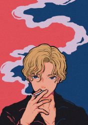 Rule 34 | 1boy, bare pectorals, blonde hair, blue background, blue eyes, cigarette, eyebrows, film grain, flat color, highres, holding, holding cigarette, looking at viewer, miniillustration, pectorals, red background, smoke, smoking, solo, upper body