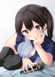 Rule 34 | 10s, 1girl, arm support, bad id, bad pixiv id, black thighhighs, bra, breasts, brown eyes, brown hair, cleavage, employee uniform, highres, kaga (kancolle), kantai collection, lawson, looking at viewer, matching hair/eyes, microphone, nijimotohiro k, short hair, side ponytail, solo, thighhighs, underwear, uniform