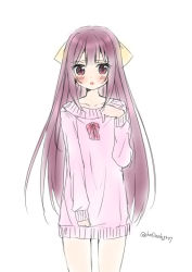 Rule 34 | 1girl, :o, alternate costume, bad id, bad pixiv id, blush, bow, brown eyes, collarbone, dress, hair bow, hand up, hoshino kagari, kamikaze (kancolle), kantai collection, long hair, long sleeves, looking at viewer, parted lips, pink sweater, purple hair, red bow, simple background, sketch, sleeves past wrists, solo, sweater, sweater dress, twitter username, very long hair, white background, yellow bow