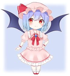 Rule 34 | ascot, bat wings, blue hair, bow, brooch, chibi, collared shirt, fang, frilled shirt collar, frilled skirt, frilled sleeves, frills, hat, hat ribbon, highres, jewelry, mob cap, pink hat, pink shirt, pink skirt, piyoru nico, puffy short sleeves, puffy sleeves, red ascot, red bow, red eyes, red footwear, red ribbon, remilia scarlet, ribbon, shirt, short hair, short sleeves, skirt, skirt set, slit pupils, socks, touhou, waist bow, white socks, wings, wrist cuffs