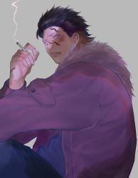 Rule 34 | 1boy, absurdres, black eyes, black hair, blood, blood on face, bruise, bruise on face, cigarette, dobu (odd taxi), fur trim, highres, injury, jacket, odd taxi, parted lips, purple jacket, simple background, sitting, smoking, zuku none