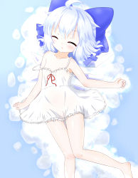 Rule 34 | 1girl, bare legs, bare shoulders, blue hair, bow, chemise, cirno, closed eyes, hair bow, highres, ice, ice wings, knees together feet apart, lying, mofu mofu, nightgown, see-through, sleeping, solo, strap slip, touhou, wings