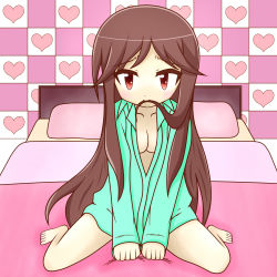 Rule 34 | 1girl, a channel, bad id, bad pixiv id, barefoot, bed, bedroom, black eyes, black hair, blanket, bottomless, breasts, cleavage, collarbone, feilumines, heart, indoors, long hair, medium breasts, mouth hold, nishi yuuko, open clothes, open shirt, pillow, shirt, sleeves past wrists, solo, tsurime