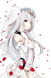 Rule 34 | 1girl, blue flower, blue rose, bow, breasts, bridal veil, bustier, cleavage, cowboy, cowboy shot, cowboy western, dress, falling petals, flower, frilled gloves, frilled panties, frills, from side, girls&#039; frontline, gloves, grey hair, hair bow, hand up, looking at viewer, official alternate costume, open clothes, open dress, panties, petals, red eyes, rose, rose petals, simple background, small breasts, solo, strap, strapless, strapless dress, thighs, tokarev (a couple&#039;s journey) (girls&#039; frontline), tokarev (girls&#039; frontline), underwear, upper body, veil, wedding dress, western, white background, white bow, white gloves, white panties, yamato clotho