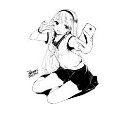 Rule 34 | 1girl, breasts, cellphone, dated, ejami, greyscale, hairband, long hair, looking at viewer, monochrome, open mouth, original, phone, school uniform, signature, simple background, skirt, smile, solo, v, white background
