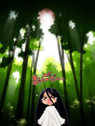 Rule 34 | &gt; &lt;, 1girl, akou roushi, black hair, closed eyes, forest, long hair, nature, open mouth, sleeves past wrists, solo, tears, the ring, translated, tree, very long hair, yamamura sadako