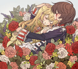 Rule 34 | 1boy, 1girl, andre grandier, bleeding, blonde hair, blood, blood from mouth, bloody tears, blue jacket, brown hair, closed eyes, couple, dying, epaulettes, facing another, facing viewer, flower, flower bed, hand on another&#039;s head, hetero, hug, jacket, leaf, long hair, long sleeves, lying, lying on person, meremero, on back, oscar francois de jarjayes, pink flower, pink rose, profile, purple flower, red flower, red rose, rose, short hair, smile, uniform, versailles no bara, white flower, white rose, yellow flower