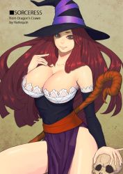 Rule 34 | 1girl, bare shoulders, breasts, cleavage, detached sleeves, dragon&#039;s crown, dress, english text, engrish text, harlequin (artist), hat, huge breasts, long hair, long skirt, ranguage, red eyes, red hair, side slit, skirt, skull, solo, witch, sorceress (dragon&#039;s crown), staff, strapless, strapless dress, vanillaware, weapon, witch, witch hat