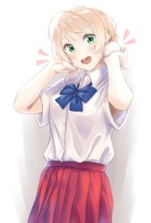 Rule 34 | 1girl, blonde hair, blue bow, blue bowtie, bow, bowtie, breasts, green eyes, hair ornament, highres, hiiragii (hiiragi 0404), indie virtual youtuber, medium breasts, open mouth, pleated skirt, pom pom (clothes), pom pom hair ornament, red skirt, school uniform, shigure ui (vtuber) (2nd costume), shigure ui (vtuber), short sleeves, skirt, smile, solo, upper body, virtual youtuber