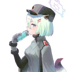 Rule 34 | 1girl, absurdres, animal ears, black hat, blue archive, blue eyes, blush, breasts, coat, from side, gloves, green hair, grey coat, grey gloves, hair ornament, hairclip, halo, hat, highres, hip flask, long sleeves, looking at viewer, nonoa, shigure (blue archive), short hair, sideways glance, small breasts, solo, sweat, tail, upper body, weasel ears, weasel girl, weasel tail, white background