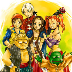 Rule 34 | 2girls, 4boys, angelo, arao (rosa), a＝ra・o, breasts, brown hair, cape, circlet, colored skin, dragon quest, dragon quest viii, dress, everyone, facing viewer, green eyes, green skin, hero (dq8), jessica albert, kukuru (dq8), kukuru (dragon quest), long hair, looking at viewer, lowres, medea, medium breasts, multiple boys, multiple girls, one eye closed, pointy ears, red eyes, red hair, smile, square enix, trode, twintails, wink, yangus