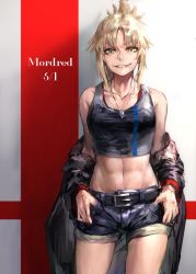 Rule 34 | 1girl, abs, bare shoulders, belt, blonde hair, character name, collarbone, commentary request, cowboy shot, dated, denim, denim shorts, evil grin, evil smile, fate (series), green eyes, grin, hands on own hips, highres, jacket, jewelry, mordred (fate), mordred (fate/apocrypha), navel, necklace, off shoulder, parted bangs, peperon (peperou), short shorts, shorts, simple background, smile, solo, stomach, tank top, thumbs in pockets