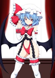 Rule 34 | 1girl, bare shoulders, bat wings, blue hair, blush, choker, closed mouth, collarbone, curtains, feet out of frame, groin, hat, highres, kagayama hajime, looking at viewer, midriff, navel, panties, red eyes, red neckwear, red panties, remilia scarlet, ribbon, shiny skin, short hair, smile, solo, standing, thighhighs, touhou, underwear, white thighhighs, wings