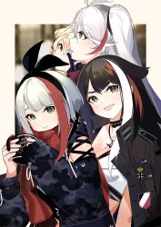 Rule 34 | 4girls, admiral graf spee (azur lane), admiral hipper (azur lane), antenna hair, azur lane, black hair, blonde hair, blue eyes, brown eyes, brown jacket, casual, choker, cross, cup, detached sleeves, deutschland (azur lane), fang, flat chest, gloves, green eyes, hand up, headband, holding, holding cup, index finger raised, iron cross, jacket, long hair, looking at viewer, looking to the side, mania (fd6060 60), military jacket, multicolored hair, multiple girls, open mouth, outside border, prinz eugen (azur lane), red hair, scarf, short hair, smile, streaked hair, two side up, white hair