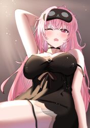 Rule 34 | 1girl, arm up, black choker, black nightgown, blush, breasts, choker, drooling, futoshi tanaka, highres, hololive, hololive english, large breasts, looking at viewer, mask, mask on head, messy hair, mori calliope, mori calliope (sleepwear), mouth drool, nightgown, official alternate costume, one eye closed, open mouth, pink hair, red eyes, sleep mask, virtual youtuber