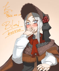Rule 34 | 1girl, alternate eye color, bloodborne, blue eyes, blush, bonnet, cloak, copyright name, dated, doll joints, flower, from software, hand on own face, highres, jewelry, joints, k jin, k kin, long hair, looking at viewer, ornate ring, plain doll, red flower, red rose, ring, rose, signature, silver hair, solo, sparkle, swept bangs, wedding band, wedding ring