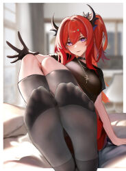 Rule 34 | 1girl, absurdres, arknights, blush, bm (bm364364), feet, highres, horns, long hair, looking at viewer, parted lips, purple eyes, red hair, red shorts, shorts, side ponytail, socks, soles, surtr (arknights), toes