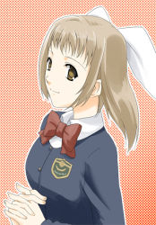 Rule 34 | 10s, 1girl, amatsuka hotaru, baby princess, bow, bowtie, brown eyes, brown hair, emblem, hair ribbon, interlocked fingers, long hair, long sleeves, marumi, own hands clasped, own hands together, red bow, red bowtie, ribbon, school uniform, serafuku, smile, solo, upper body, white ribbon
