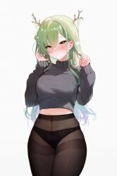 Rule 34 | 1girl, absurdres, antlers, black panties, black pantyhose, black sweater, blush, breasts, ceres fauna, closed mouth, commentary, cowboy shot, cropped sweater, english commentary, flower, green hair, hair between eyes, hair flower, hair ornament, high-waist pantyhose, highres, holding, holding hair, hololive, hololive english, horns, koahri, lace, lace-trimmed panties, lace trim, leaf, legs together, long hair, long sleeves, looking at viewer, medium breasts, mole, mole under eye, no pants, panties, panties under pantyhose, pantyhose, simple background, sleeves past wrists, solo, standing, sweater, thighband pantyhose, turtleneck, turtleneck sweater, underwear, very long hair, virtual youtuber, white background, white flower, yellow eyes