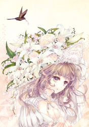 Rule 34 | 1girl, absurdres, bad id, bad pixiv id, bird, bonnet, breasts, brown hair, choker, cleavage, dress, fingernails, flower, frills, hair flower, hair ornament, hat, hat flower, highres, hummingbird, lace, lily (flower), lily of the valley, long hair, manbou no suiso, medium breasts, original, petals, pink flower, pink rose, puff and slash sleeves, puffy sleeves, purple eyes, ribbon, rose, solo, striped ribbon, tears, upper body, vertical stripes, water drop