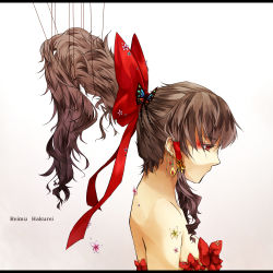 Rule 34 | 1girl, bad id, bad pixiv id, bare shoulders, bow, brown hair, bug, butterfly, butterfly hair ornament, character name, earrings, eyeshadow, female focus, flower, from side, gradient background, hair bow, hair ornament, hair tubes, hakurei reimu, highres, insect, jewelry, letterboxed, long hair, makeup, no mouth, ponytail, profile, red eyes, ribbon, shimeji hachi, sidelocks, solo, touhou, upper body