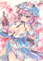 Rule 34 | 1girl, alcohol, blush, bottle, breasts, breasts out, cherry blossoms, choko (cup), collarbone, colored eyelashes, cup, dress, hat, highres, looking at viewer, medium breasts, meguri uguisu, mob cap, nipples, partially undressed, pink eyes, pink hair, saigyouji yuyuko, sake, sake bottle, solo, touhou, triangular headpiece