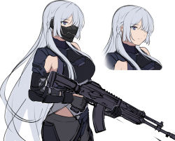 Rule 34 | 1girl, 3 small spiders, absurdres, ak-15, ak-15 (girls&#039; frontline), assault rifle, black gloves, black pants, black shirt, braid, closed mouth, girls&#039; frontline, gloves, gun, hair between eyes, hair over one eye, highres, holding, holding gun, holding weapon, kalashnikov rifle, long hair, mask, mouth mask, pants, purple eyes, purple hair, shirt, simple background, single sleeve, sketch, solo, trigger discipline, weapon, white background