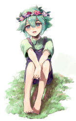 Rule 34 | 1boy, antenna hair, aqua eyes, aqua hair, barefoot, basil (headspace) (omori), basil (omori), blue flower, blue overalls, blush, bright pupils, buttons, colored skin, dancing omochi, flower, flower pot, full body, green shirt, hair between eyes, head wreath, highres, holding, holding flower pot, omori, open mouth, overall shorts, overalls, pigeon-toed, pink flower, purple flower, shirt, short hair, short sleeves, sitting, smile, solo, standing, transparent background, white pupils