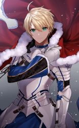 Rule 34 | 1boy, ahoge, armor, arthur pendragon (fate), bad id, bad pixiv id, blonde hair, blue eyes, breastplate, cape, cloak, closed mouth, fate/prototype, fate (series), fur trim, gambe, gauntlets, gradient background, greaves, green eyes, hair between eyes, hand up, highres, light smile, looking at viewer, male focus, pauldrons, shoulder armor, smile, solo, sword, upper body, weapon